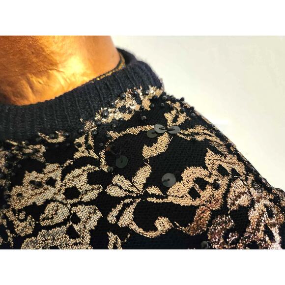 Vintage I.B. Diffusion Black Pullover Silk Blend Knit Sweater Gold Lace Beads L - Picture 7 of 8